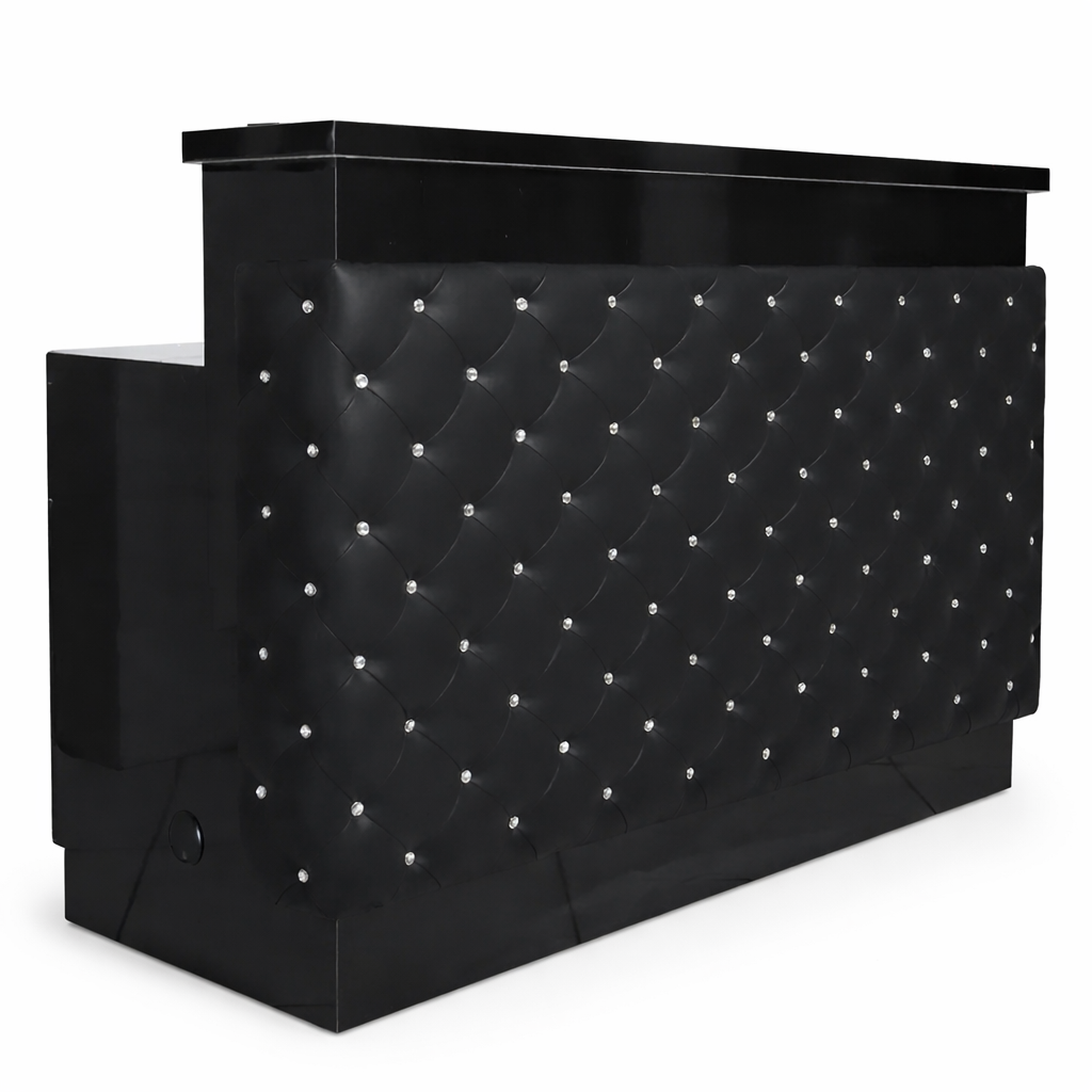 Front view of black tufted reception desk