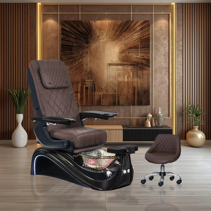Chocolate colored pedicure chair on black base with smoke bowl amidst luxury setting