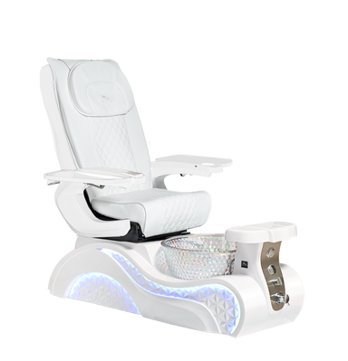 Lucent III pedicure chair in white leather on a white base with a hologram basin and white armrests