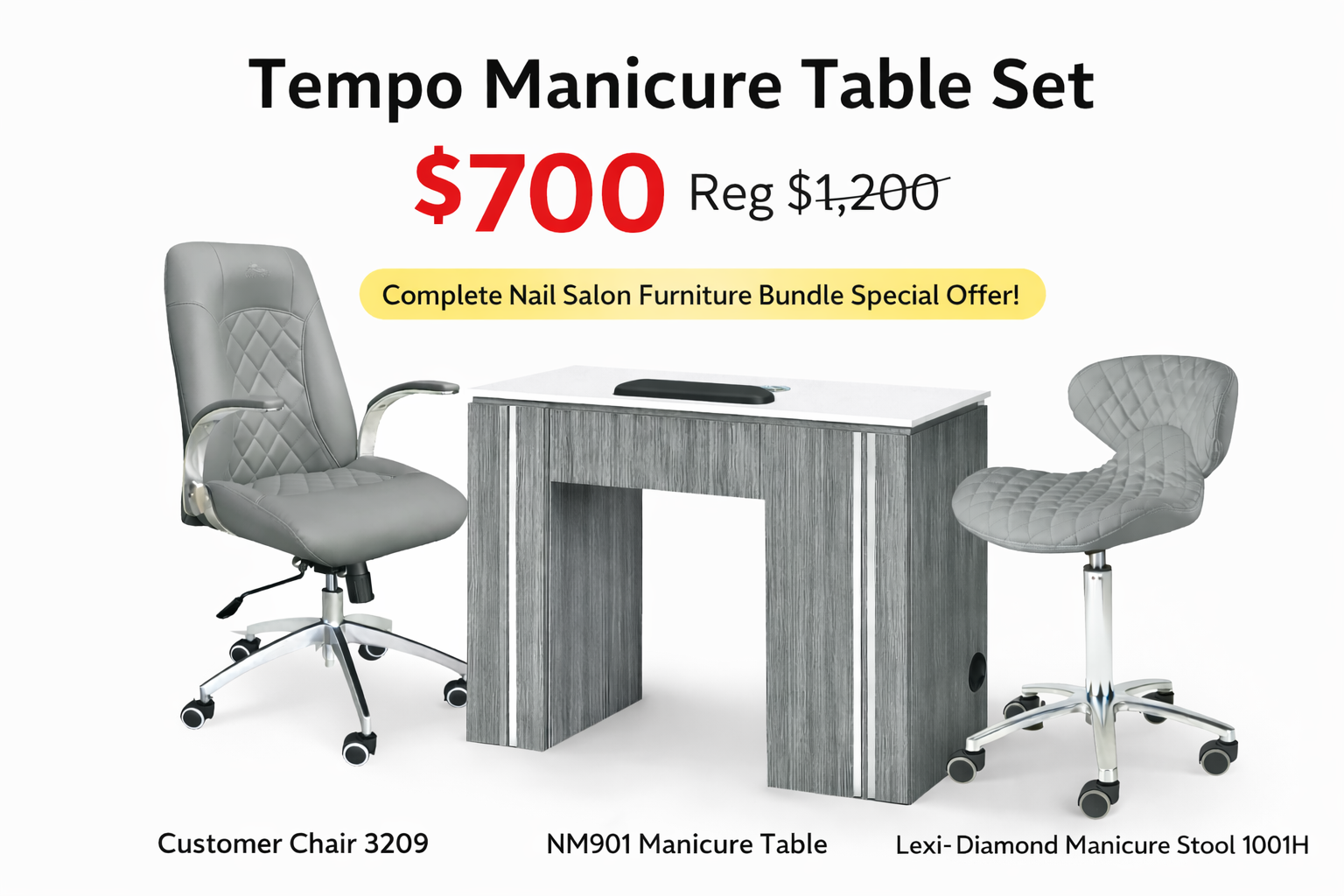 Tempo Salon Manicure Set – NM901 Table + Chair 3209 + Lexi Diamond Stool – Now $700