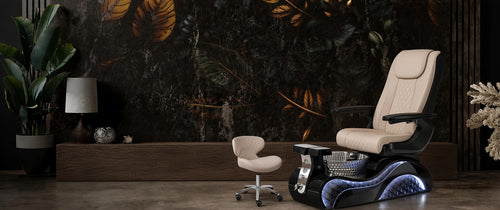Lucent III pedicure chair in khaki leather on a black LED base with a smoke basin and technician stool in a luxury nail salon