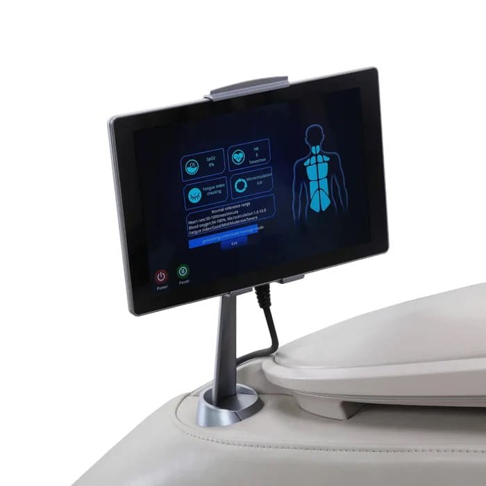 Tablet controller displaying health monitoring data on the Osaki OS-Pro 4D DuoMax SE
