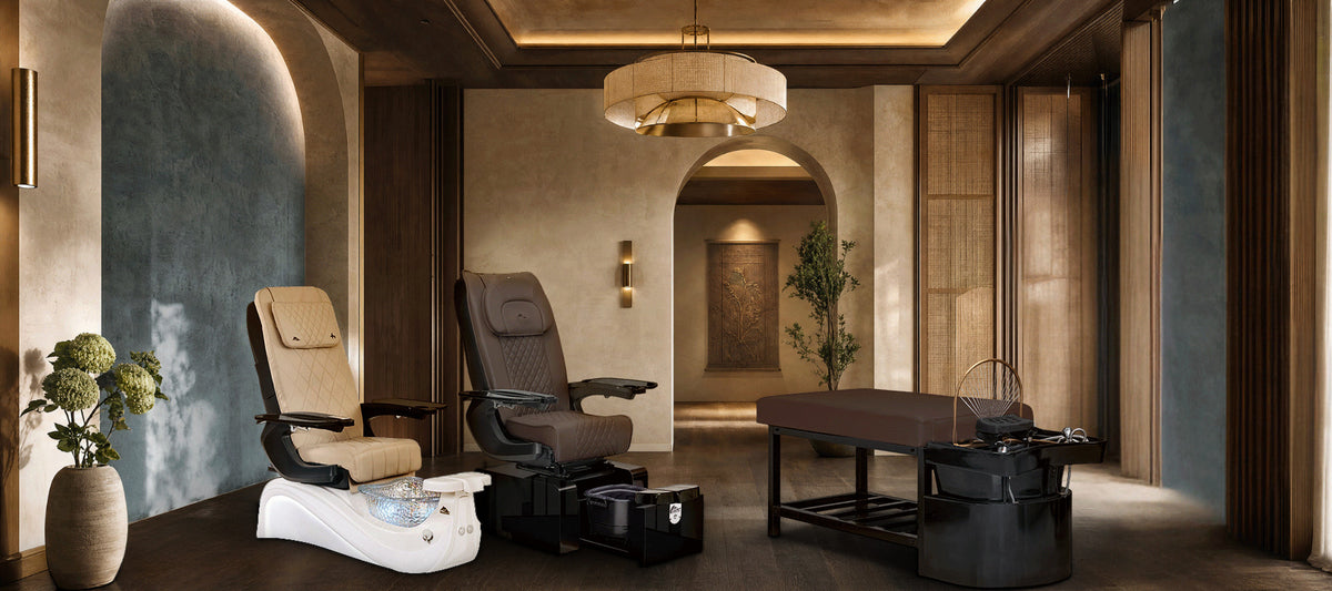 Two pedicure chairs and a head spa shampoo bed in a modern salon spa room