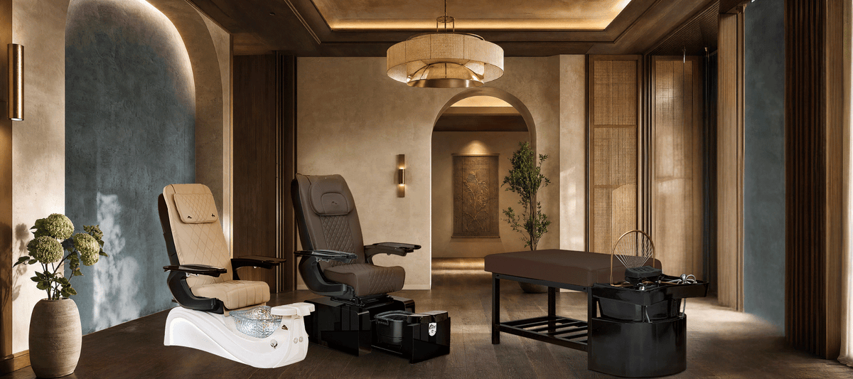 Two pedicure chairs and a head spa shampoo bed in a modern salon spa room