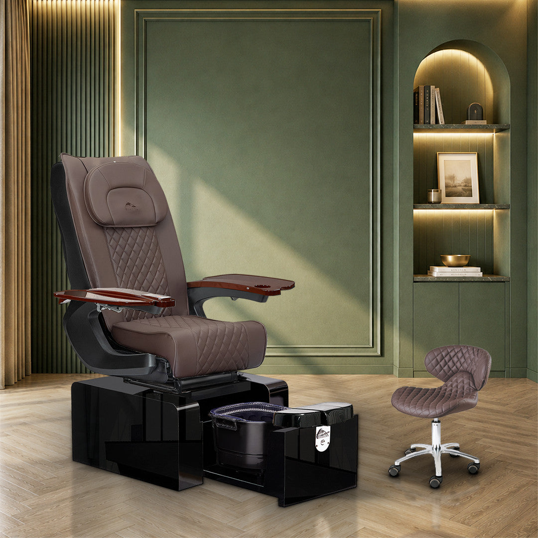 Whale Spa Pure III no plumbing pedicure chair with a matching technician stool in a salon